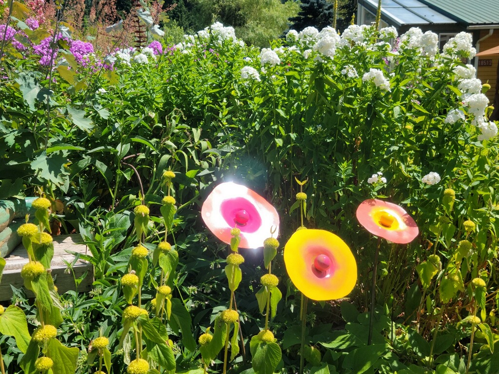 Glowing pink and yellow garden stakes in perennial border